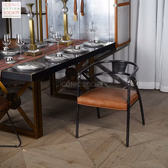 Modern Restaurant Office Dinner Living Room Furniture Home Sitting Room Hotel Metal Iron Retro Loft Genuine Leather Dining Chair